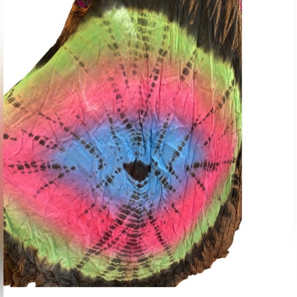 Sun Dress—True Rock Free Size Tie-Dye Rayon Embroidered V-neck, Brown Pink - Picture 7 of 12